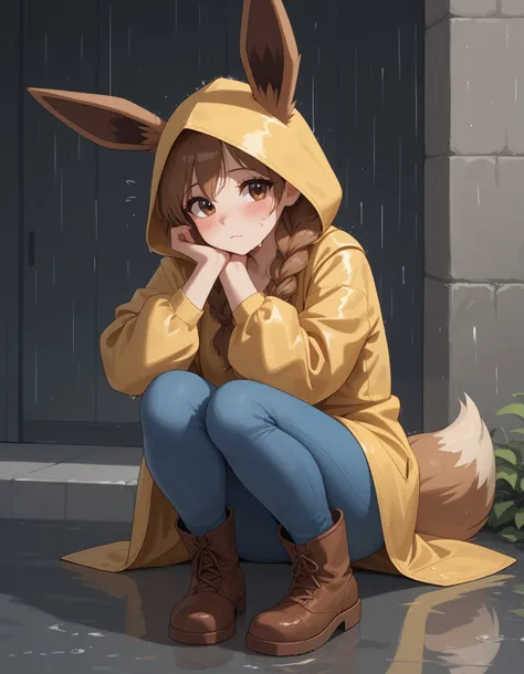 (Masterpiece) (High Detail) (High Res) A very short, cute and petite Human female with pale human skin and brown eyes and long brown braided hair and fluffy brown pointed Eevee ears and a long fluffy brown Eevee tail with a light tip and medium breasts. Sh...