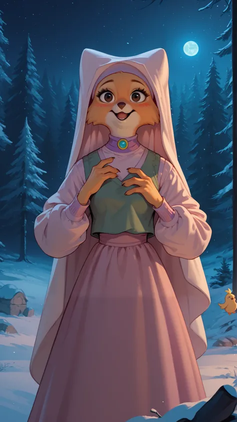 Look at the spectator, night, Pine forest, winter, Furry character, chica, maid marian, fur coat vest
