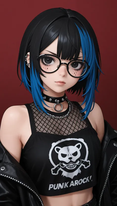  black tabby glasses、punk rock style、Ultramarine Hair