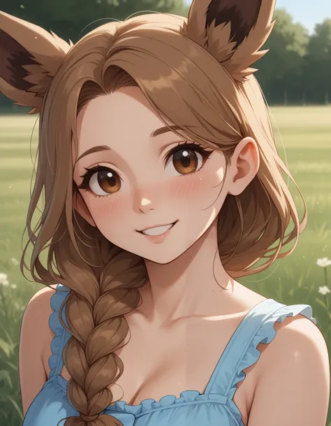 (Masterpiece) (High Detail) (High Res) A very short, cute and petite Human female with pale human skin and brown eyes and long brown braided hair and fluffy brown pointed Eevee ears and a long fluffy brown Eevee tail with a light tip and medium breasts. Sh...