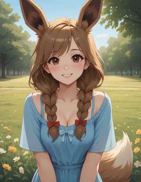 (Masterpiece) (High Detail) (High Res) A very short, cute and petite Human female with pale human skin and brown eyes and long brown braided hair and fluffy brown pointed Eevee ears and a long fluffy brown Eevee tail with a light tip and medium breasts. Sh...