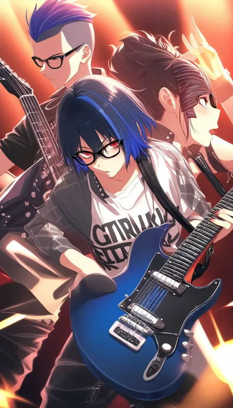  black tabby glasses、punk rock style、Ultramarine Hair、electric guitar、Heavy metaband guitarists