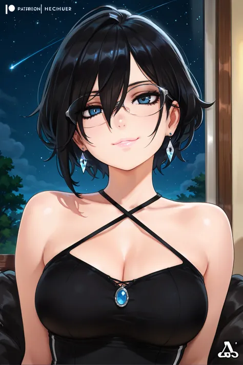 masterpiece, best quality, amazing quality, newest, very aesthetic, 1girl,Image is a digital illustration in an anime style, featuring a woman with short, spiky black hair against a starry night sky. She has fair skin and is wearing stylish, angular glasse...