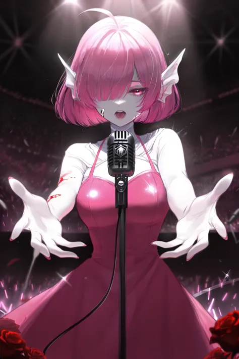 masterpiece, best quality, amazing quality, newest, very aesthetic, 1girl,The concert stage is littered with rotting roses and broken mic stands. She sways under the spotlight, pink hair matted with dried blood, one eye milky white. The sparkly pink dress ...