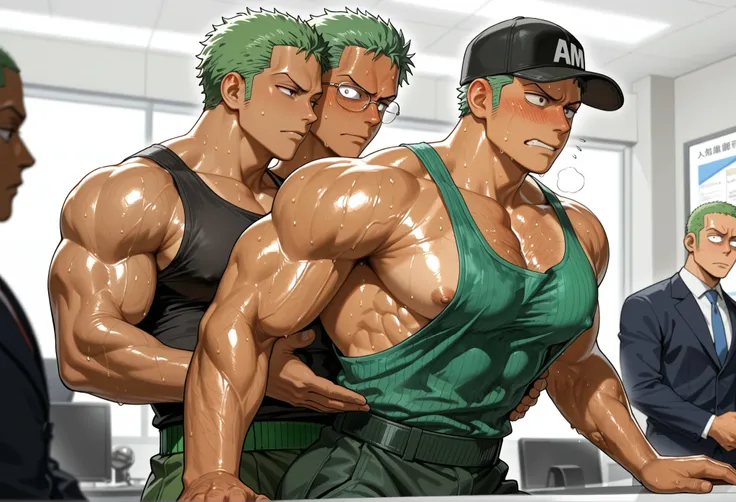 Roronoa Zoro, tanned skin, buzz cut, baseball cap backwards, tanktop, cargo pants, muscular, muscles, big biceps, broad shoulders, massive pecs, sweaty, hairy chest,  blank expression, vacant stare, hypnotized, brainwashed, focused, High Resolution, a youn...