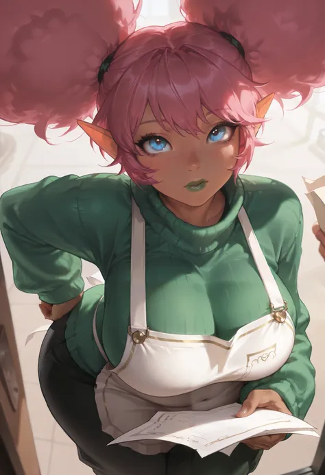 Masterpiece, score_9, score_8_up, score_7_up, score_6_up, masterpiece, portrait, 1female, (love handles), dark skin, dommy mommy, mature female, taller frame, chubby, soft tummy, side folds, big breasts, wide hips, long elf ears, dropped ears, freckles, b...