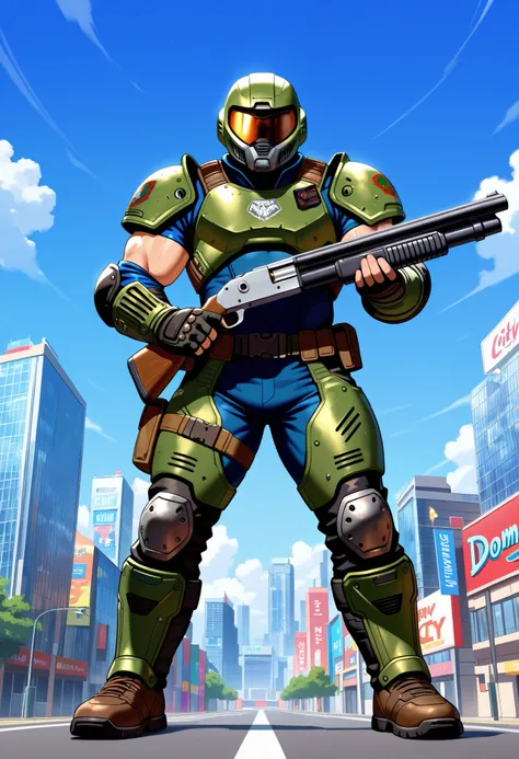 Doomguy, shotgun, macro over miniscule city