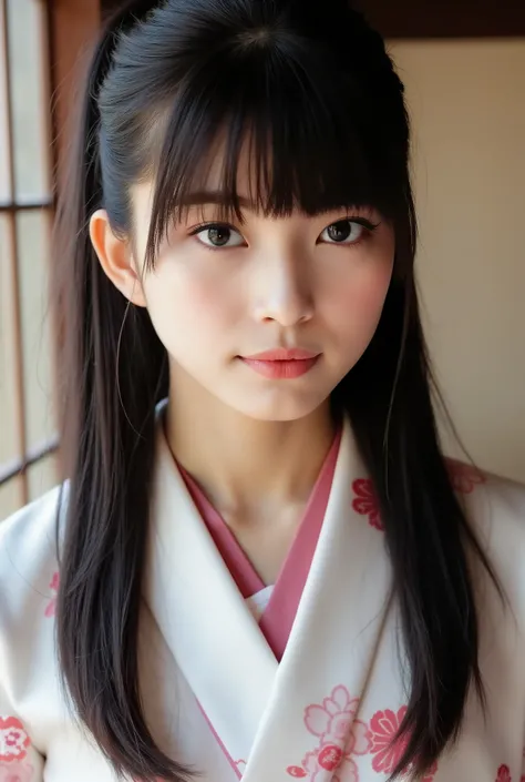 Create a photo collection featuring a Japanese idol girl with a fair complexion. She has long, straight black hair styled in a ponytail with bangs. She is wearing a glossy hakama, and the images should capture her full body. The setting is indoors, and the...