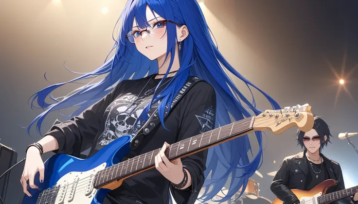 rimless metal frame glasses、punk rock style、Ultramarine Hair、electric guitar、Heavy metaband guitarists、shiny hair, low-braided long hair