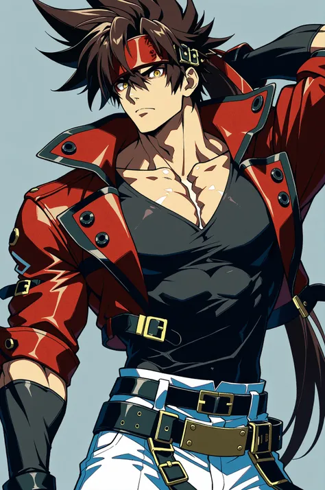 masterpiece, best quality, absurdres, newest, very aesthetic, amazing quality,highres, 1boy, male, Sol Badguy, brown hair, gold eyes, black vest, red jacket, belt, headband,ultra-detailed, intricate details