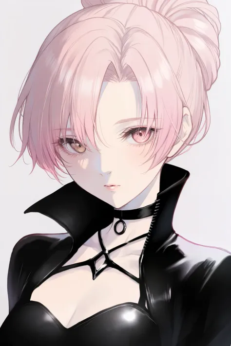 masterpiece, best quality, amazing quality, newest, very aesthetic, 1girl,Image is a digital illustration featuring an anime-style character. The character has light pink hair styled in a loose updo with a few strands falling around the face. The skin tone...