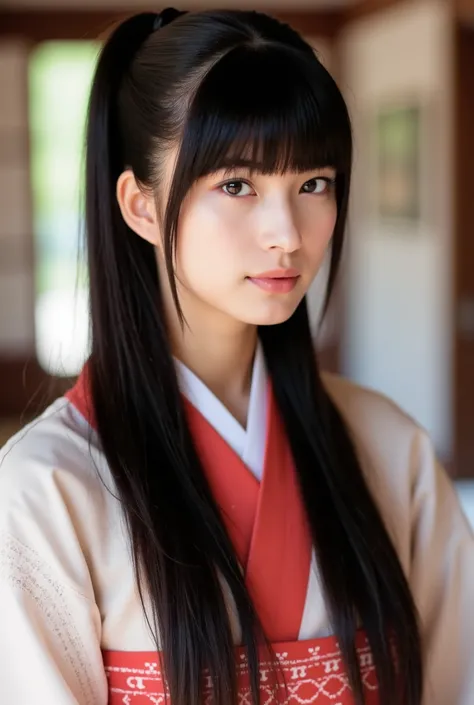 Create a photo collection featuring a Japanese idol girl with a fair complexion. She has long, straight black hair styled in a ponytail with bangs. She is wearing a glossy hakama, and the images should capture her full body. The setting is indoors, and the...