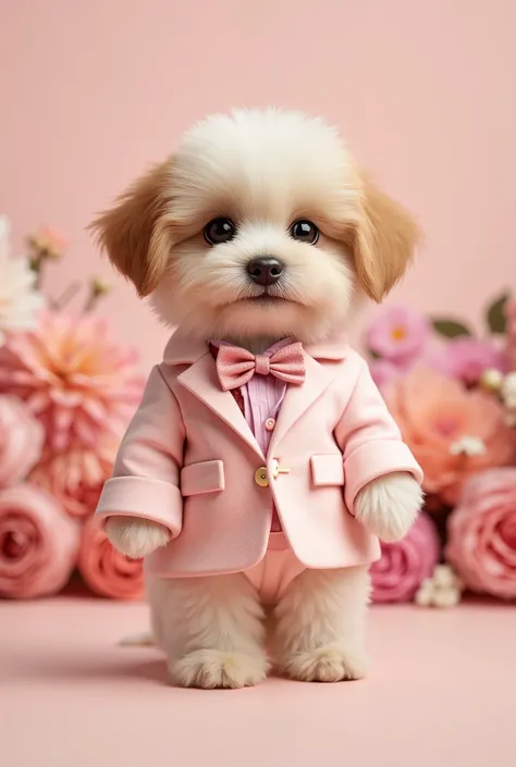 A cute puppy wearing a formal pastel suit for the New Year becomes a model、 stylish、 intricate details 、 high res 、 Taste of 3D 、 rendering、Extremely complex colors 、 bright professional lighting、masterpiece、 simple background、Ceremony flower ba...
