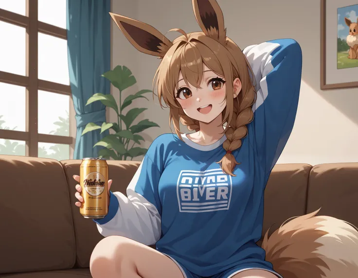 (Masterpiece) (High Detail) (High Res) A very short, cute and petite Human female with pale human skin and brown eyes and long brown braided hair and fluffy brown pointed Eevee ears and a long fluffy brown Eevee tail with a light tip and medium breasts. Sh...