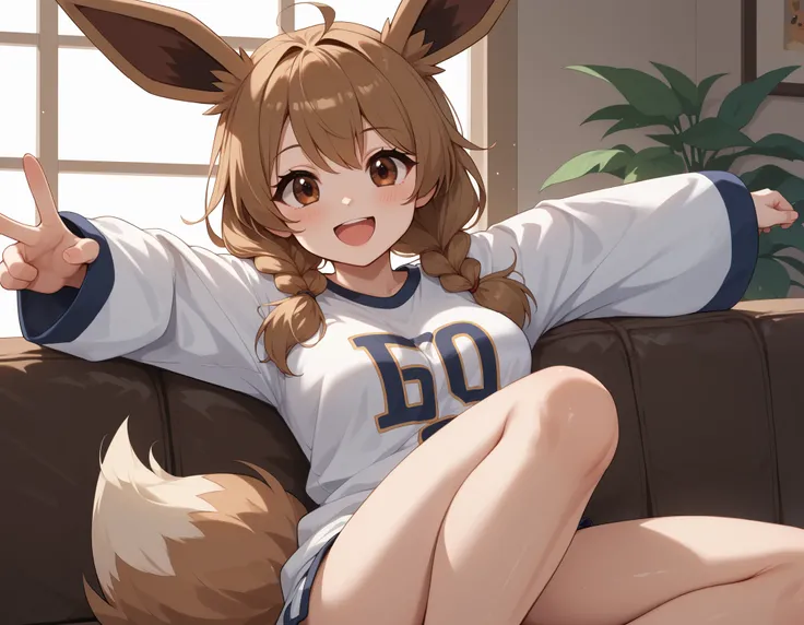 (Masterpiece) (High Detail) (High Res) Wide shot of A very short, cute and petite Human female with pale human skin and brown eyes and long brown braided hair and fluffy brown pointed Eevee ears and a long fluffy brown Eevee tail with a light tip and mediu...