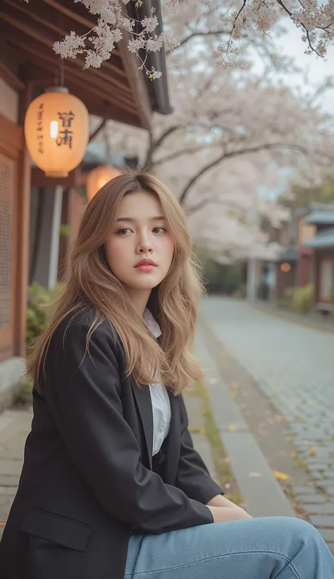 a beautiful girl with long blonde hair, detailed eyes, nose, and lips, wearing professional outfit, siting in front of house ,japanese street cherry blossom photography style,vintage lighting,film tones,cherry blossom trees,cobblestone street,traditional ...