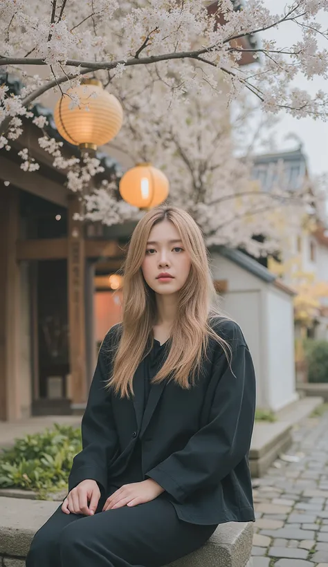 a beautiful girl with long blonde hair, detailed eyes, nose, and lips, wearing professional outfit, siting in front of house ,japanese street cherry blossom photography style,vintage lighting,film tones,cherry blossom trees,cobblestone street,traditional ...