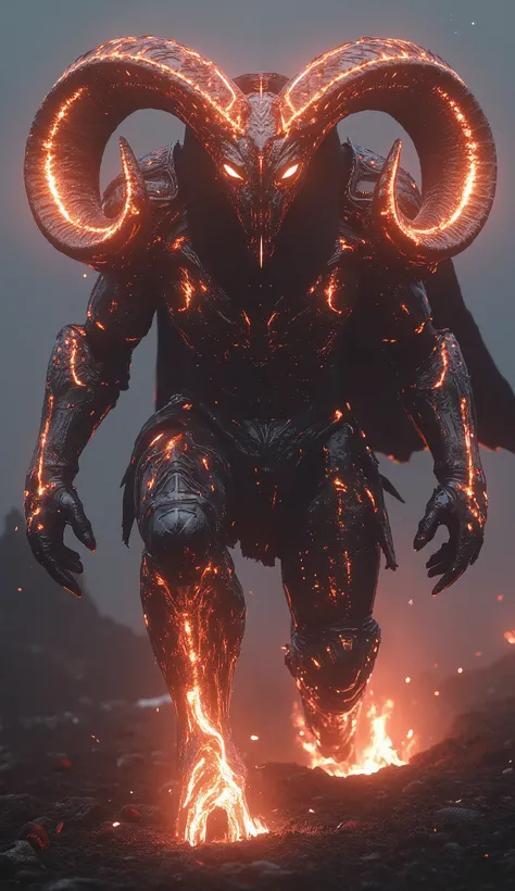 **"Aries Titan, ram-horned warlord, strides forward with flaming hooves, molten armor dripping embers, dark fantasy atmosphere, hyper-detailed."**