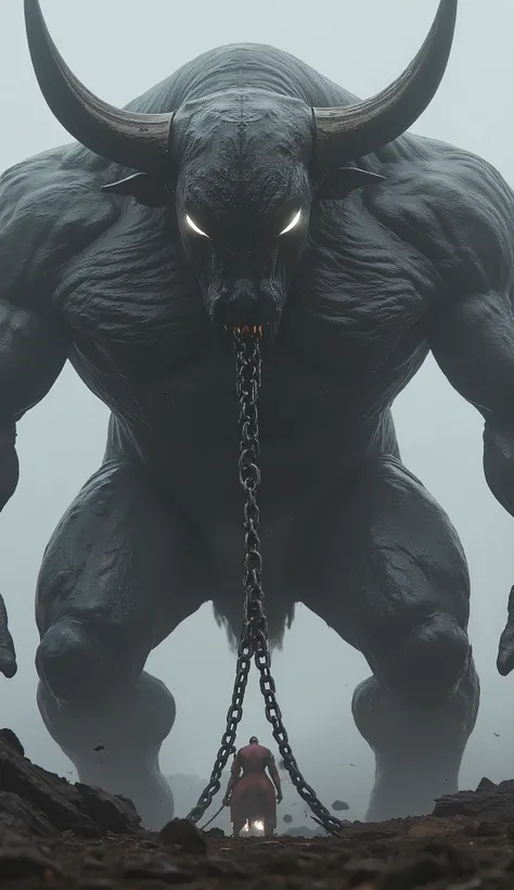 **"Taurus Titan, bull-headed behemoth, muscles like carved stone, dragging a shattered battlefield chain, cinematic low-angle shot, movie-like lighting."**