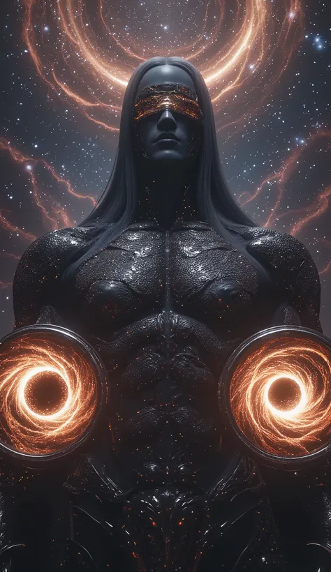 **"Libra Titan, blindfolded and wielding massive scales, each plate holding a dying star and a black hole, cinematic symmetry, dark fantasy aesthetic."**