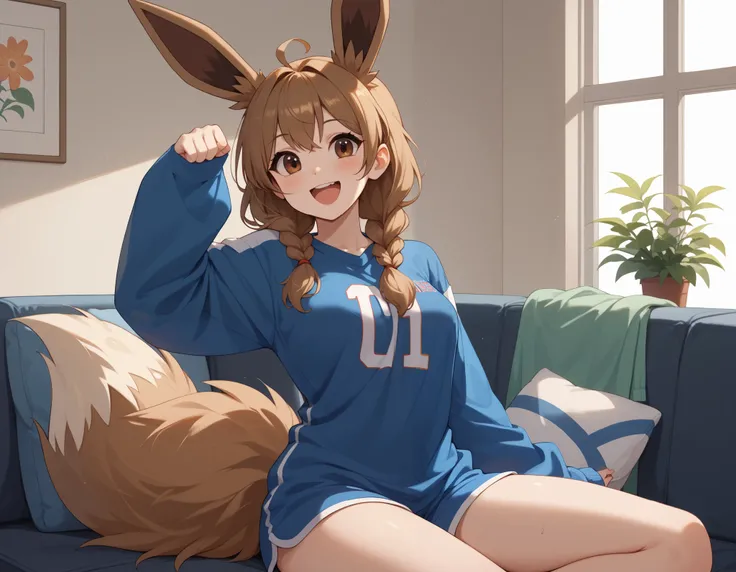 (Masterpiece) (High Detail) (High Res) Wide shot of A very short, cute and petite Human female with pale human skin and brown eyes and long brown braided hair and fluffy brown pointed Eevee ears and a long fluffy brown Eevee tail with a light tip and mediu...