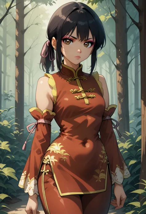 score 9, score 8 up, score 7 up, bakugan, 1girl, solo, chan lee,long black hair, eyeshadow, makeup, brown eyes, ponytail, bangs, chinese clothes, red dress, china dress, pants, pink ribbon, detached sleeves, in the forest, outdoor, looking at viewer, close...