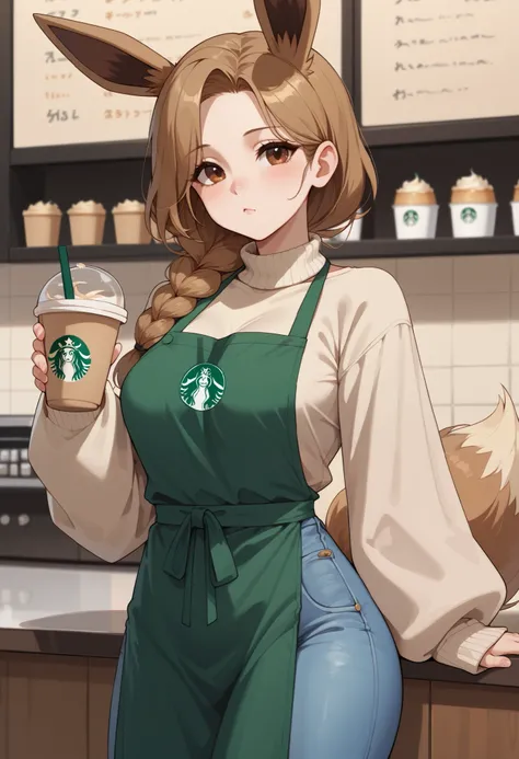 (Masterpiece) (High Detail) (High Res) Wide shot of A very short, cute and petite Human female with pale human skin and brown eyes and long brown braided hair and fluffy brown pointed Eevee ears and a long fluffy brown Eevee tail with a light tip and mediu...