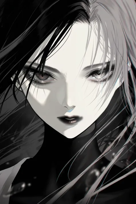 masterpiece, best quality, amazing quality, newest, very aesthetic, 1girl,Image is a digital painting featuring a close-up portrait of a person with a striking and intense expression. The subject has pale skin and dark, tousled hair partially covering thei...
