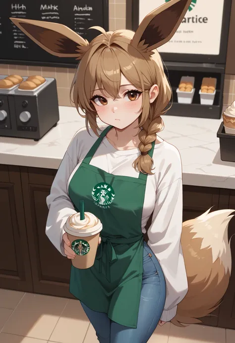 (Masterpiece) (High Detail) (High Res) Wide shot of A very short, cute and petite Human female with pale human skin and brown eyes and long brown braided hair and fluffy brown pointed Eevee ears and a long fluffy brown Eevee tail with a light tip and mediu...