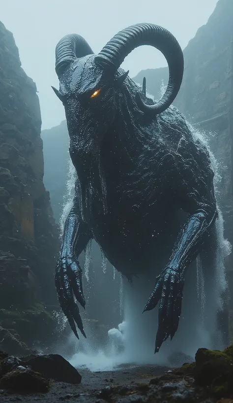 **"Capricorn Titan, sea-goat hybrid with obsidian horns, walking through a drowned city, water cascading off its armored body, hyper-detailed dark fantasy."**