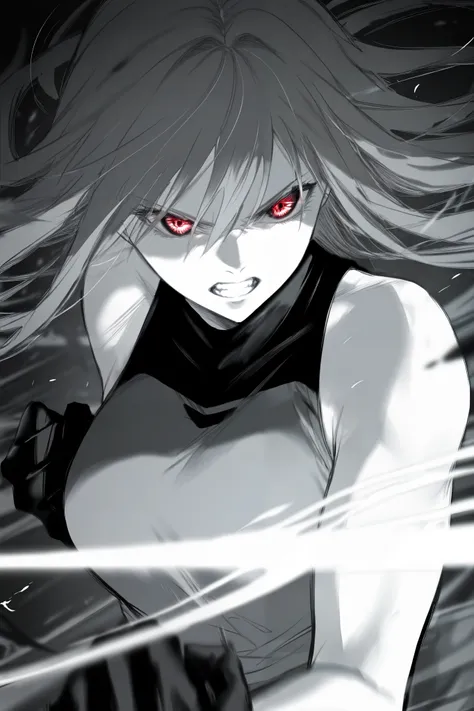 masterpiece, best quality, amazing quality, newest, very aesthetic, 1girl,Image is a dynamic, monochromatic anime-style illustration featuring a character with long, flowing hair and an intense expression. The character's eyes are wide open, with a fierce ...