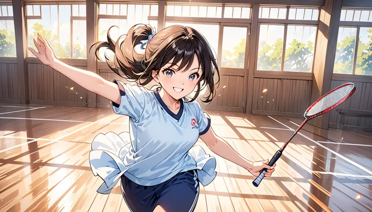 "A frontal shot of a dark-haired young woman happily playing badminton in a gym. Dressed in a short-sleeved tracksuit and long sports pants, she moves with agility and passion. With a bright smile and determined eyes, she prepares to bring down her badmint...