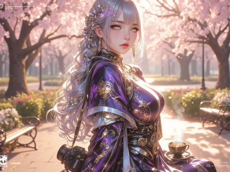 "A stunning and graceful woman in an anime-inspired art style, standing in an open, vibrant scene bathed in soft, golden light. She has long, wavy violet hair with shimmering silver highlights that cascade down her back, adorned with a delicate braid decor...