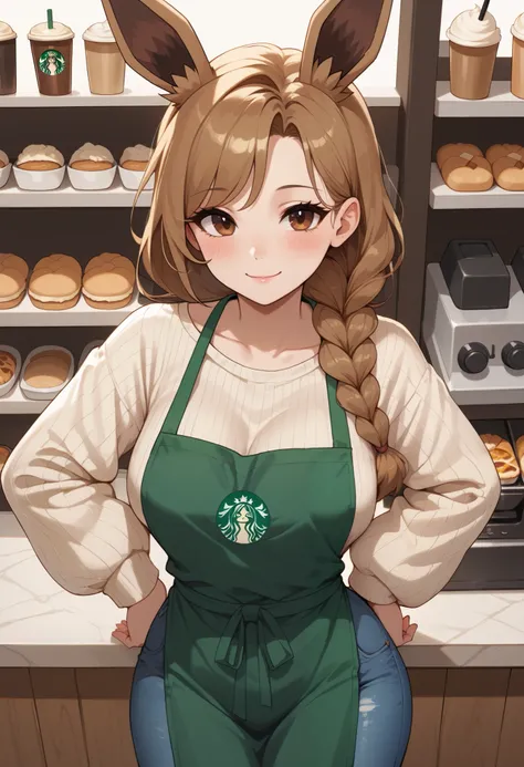 (Masterpiece) (High Detail) (High Res) Wide shot of A very short, cute and petite Human female with pale human skin and brown eyes and long brown braided hair and fluffy brown pointed Eevee ears and a long fluffy brown Eevee tail with a light tip and mediu...