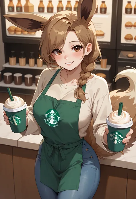 (Masterpiece) (High Detail) (High Res) Wide shot of A very short, cute and petite Human female with pale human skin and brown eyes and long brown braided hair and fluffy brown pointed Eevee ears and a long fluffy brown Eevee tail with a light tip and mediu...