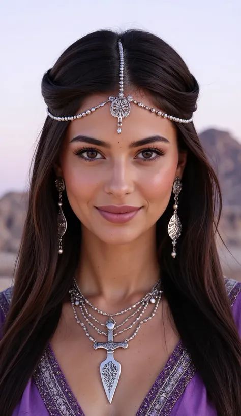 An Omani princess, her majesty as aromatic as frankincense smoke. This close-up focuses on her serene smile, framed by long, sleek hair adorned with strands of silver and lavender beads. Her eyes are highlighted with soft violet eyeshadow and delicate henn...