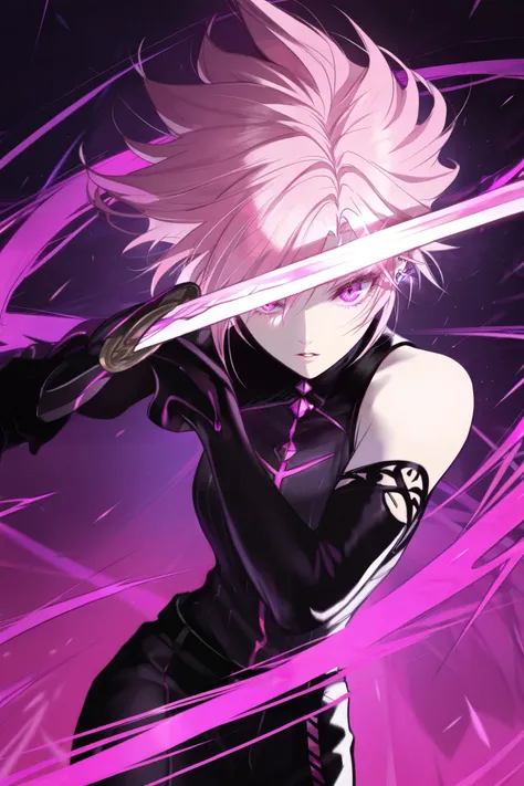 masterpiece, best quality, amazing quality, newest, very aesthetic, 1girl,Image is a vibrant digital illustration in an anime style, featuring a dynamic and intense composition. The subject is a character with light pink hair, styled in a wild and flowing ...