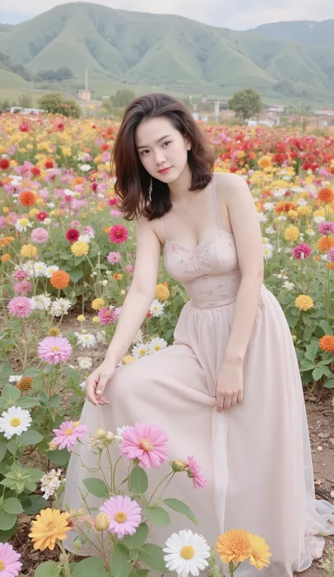 This photo shows a young, beautiful woman standing in the middle of a field of bright flowers. She is wearing a princess-style evening gown, with a tight bodice, gentle floral patterns and a wide, flared skirt in pastel pink. The chiffon fabric creates a s...