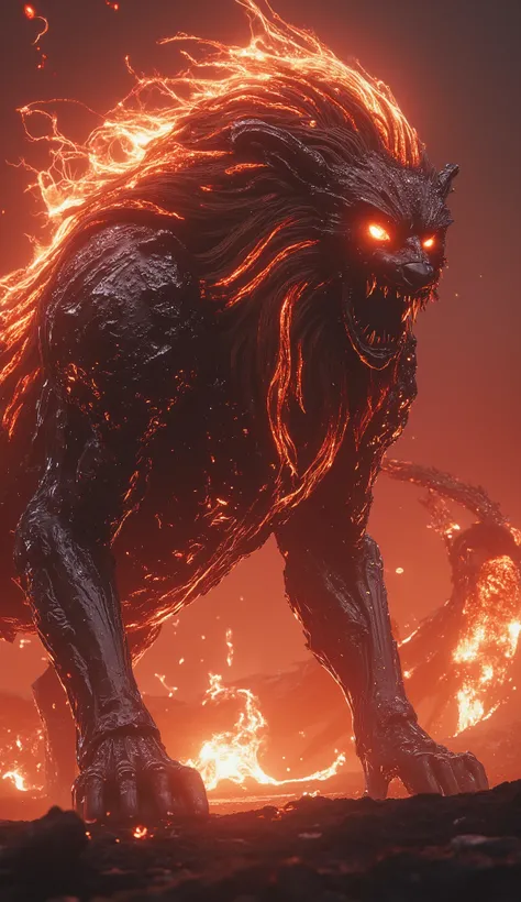 **"The Leo Titan, a monstrous sovereign of flame and fury, stalks across the smoldering ruins of a conquered kingdom—his colossal form wreathed in a cascading mantle of living fire that burns with the intensity of a dying star. Each strand of his magnifice...