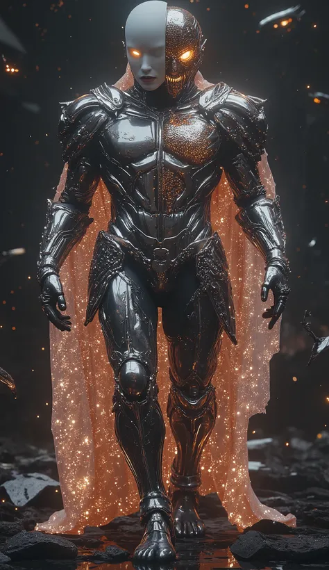 **"The Gemini Titan, a towering androgynous entity of duality, strides across a shattered astral plane—its two faces locked in eternal contradiction. The left side, a serene marble mask cracked with glowing veins, whispers forgotten prophecies; the right, ...