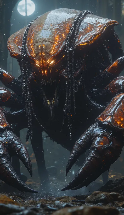 **"The Cancer Titan, a nightmarish fusion of crustacean and warlord, lumbers through the ruins of a drowned cathedral—its armored shell a fortress of jagged chitin plates, each etched with the screams of drowned souls. Its face is a grotesque mask of half-...