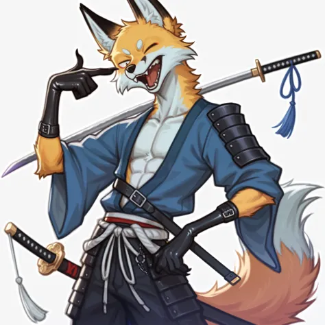 anthropomorphic slender Japanese fox wearing a leather strap shirtless holds a giant katana