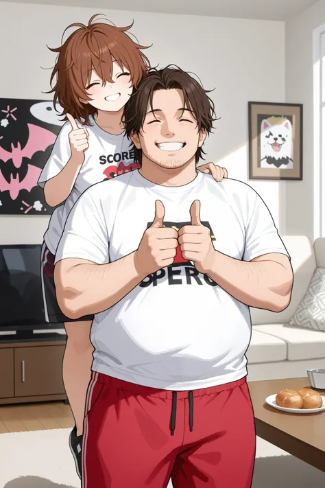 score_9, score_8, score_7, score_6_arriba, (1 , man, human, chubby man, stubble, pink bat, White t-shirt, red sweatpants, brown hair, messy hair,) smiling, thumbs arriba, 2d, illustration, shadow, thick stroke, Alone , man only, indoors, living room, smal...