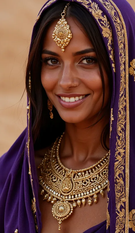 A Mauritanian princess, her elegance as timeless as the golden dunes. This close-up highlights her serene smile, framed by a gold-embroidered "melhfa" draped gracefully over her head. Her eyes are lined with thick kohl and accented with soft purple eyeshad...