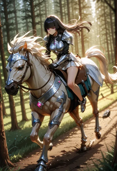 Highest image quality, intricate details, high resolution, depth field, Natural light, professional lighting, motion blur background, BREAK, kisyu, riding, horse, both hand holding rein, from above, (a female knight riding a horse intense horseback riding ...
