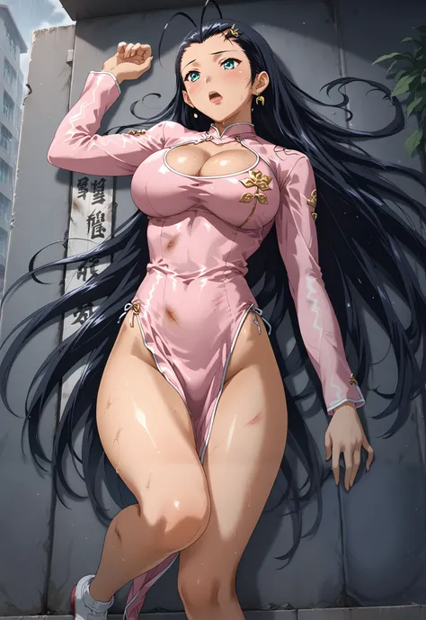 score_9, score_8_up, score_7_up, source_anime, 1girl, solo, outdoors, school,kakouenpony,very long hair,silky black hair, shiny aqua eyes, antenna hair, large breasts, sexy, glamor, revealing china dress, pink china dress, long sleeves, anime screencap, fu...