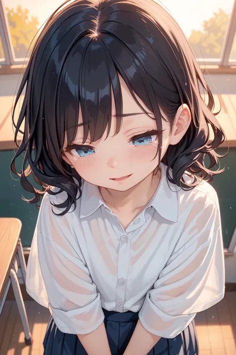 classroom,black hair,wavy hair,school girl,half closed eyes,sad smile,open mouth,blue eyes,blush,eyes focus,looking down,upper body,sunset,sunny,closed mouth,tears,from above