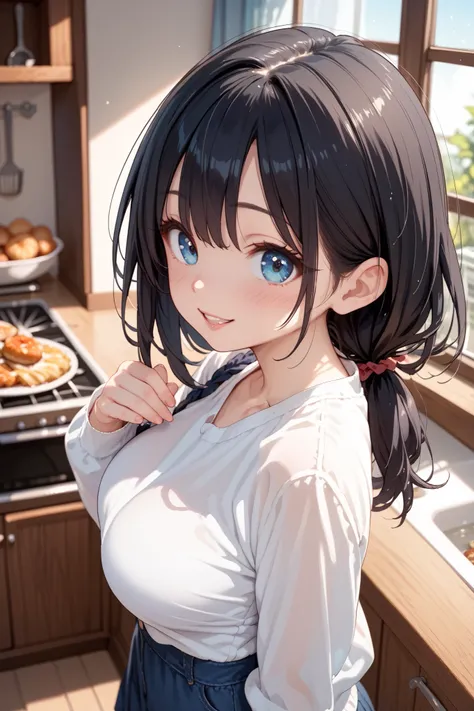 kitchen,black hair,straight hair,wife,open eyes,happy,blue eyes,blush,eyes focus,looking down,upper body,sunset,sunny,from above,looking at viewer,looking back,large breasts