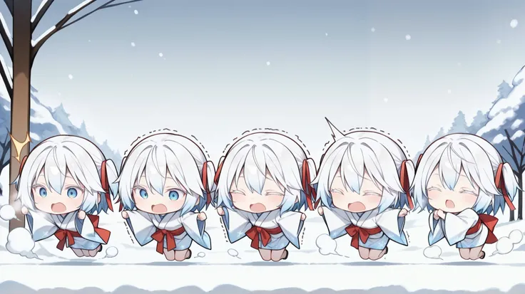 score_9, score_8_up, score_7_up, snow, (multiplied chibi:1.2, 6+chibi, yuki onna, white hair, short hair, two side up, habitual hair, red ribbon), (((chibi:1.2, thin, petite, short body))), (white kimono, chill, cold, steam), surprised pose, jumping, (warp...