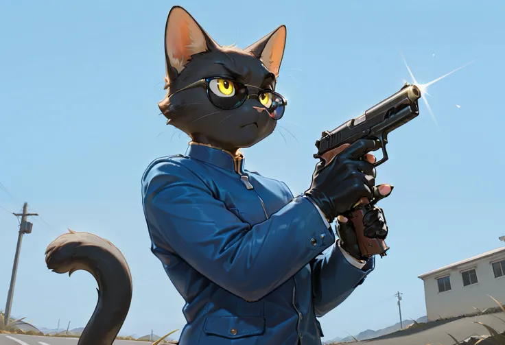 masterpiece, best quality, amazing quality, very aesthetic, high resolution, ultra-detailed, absurdres, newest BREAK 1boy, solo, k3k, anthro, furry male, cat ears, cat tail, yellow eyes, :<, black gloves, blue jacket, finger on trigger, gloves, grizzly win...